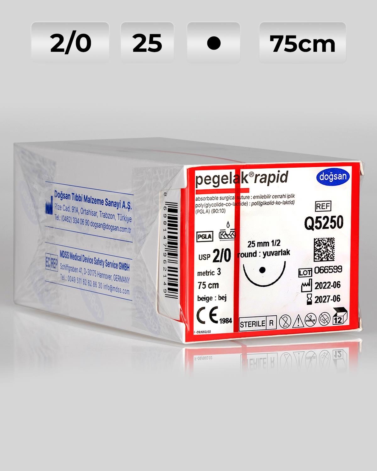 Q5250 DOĞSAN Pegelak Rapid 2/0 25 1/2 Yuvarlak (●) 75cm PGLA Emilebilir Sütür 12 Ad./Pkt