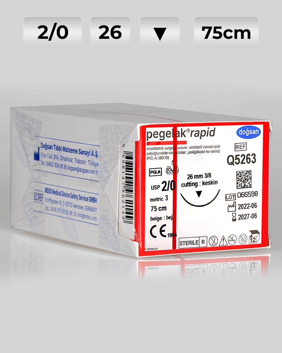 Q5263 DOĞSAN Pegelak Rapid 2/0 26 3/8 Keskin (▼) 75cm PGLA Emilebilir Sütür 12 Ad./Pkt