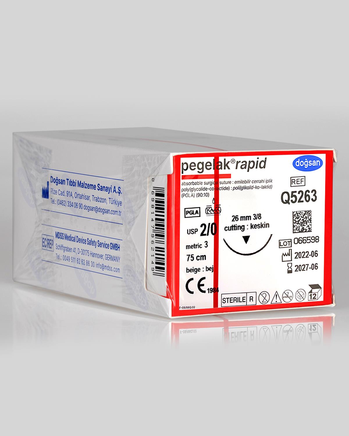 Q5263 DOĞSAN Pegelak Rapid 2/0 26 3/8 Keskin (▼) 75cm PGLA Emilebilir Sütür 12 Ad./Pkt