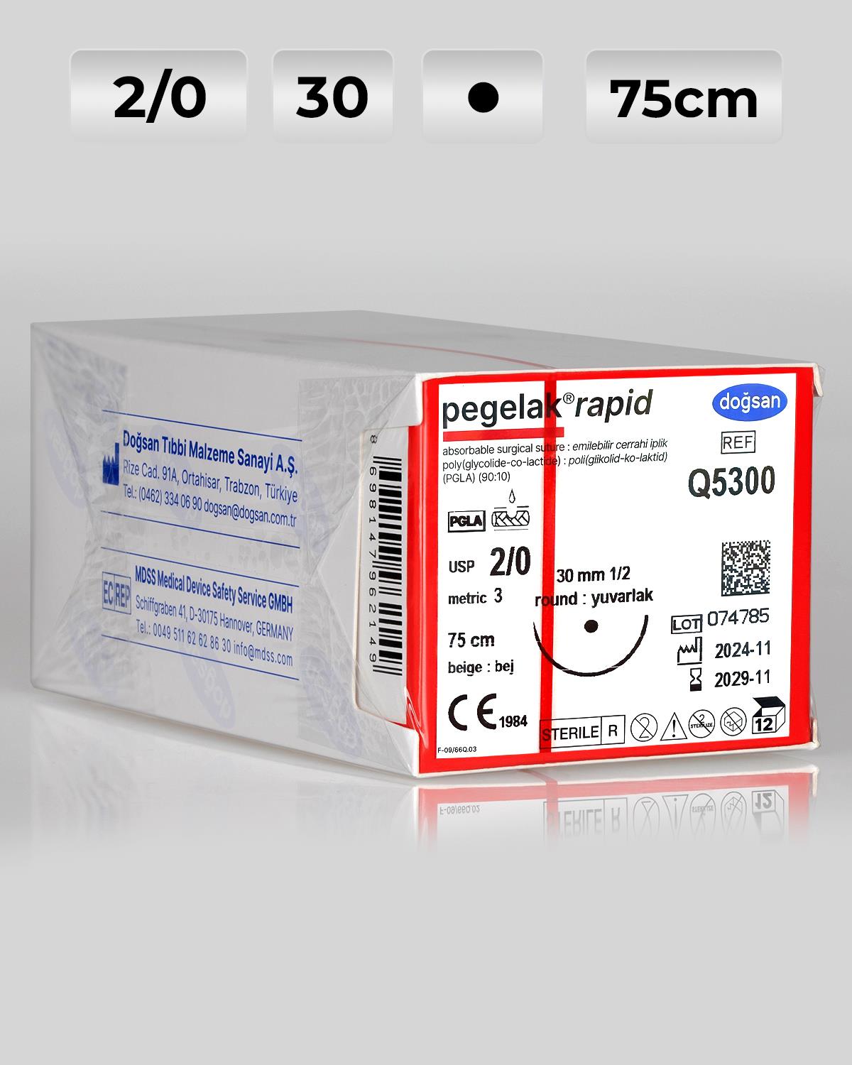 Q5300 DOĞSAN Pegelak Rapid 2/0 30 1/2 Yuvarlak (●) 75cm PGLA Emilebilir Sütür 12 Ad./Pkt