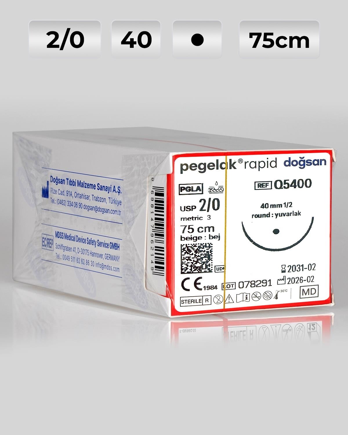 Q5400 DOĞSAN Pegelak Rapid 2/0 40 1/2 Yuvarlak (●) 75cm PGLA Emilebilir Sütür 12 Ad./Pkt