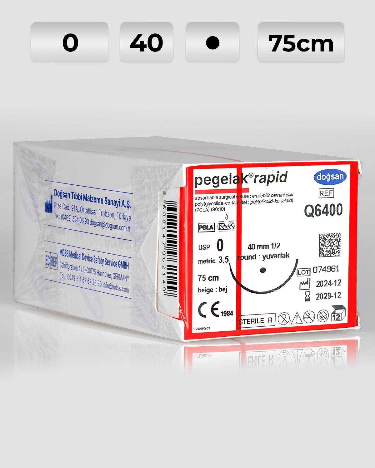 Q6400 DOĞSAN Pegelak Rapid 0 40 1/2 Yuvarlak (●) 75cm PGLA Emilebilir Sütür 12 Ad./Pkt