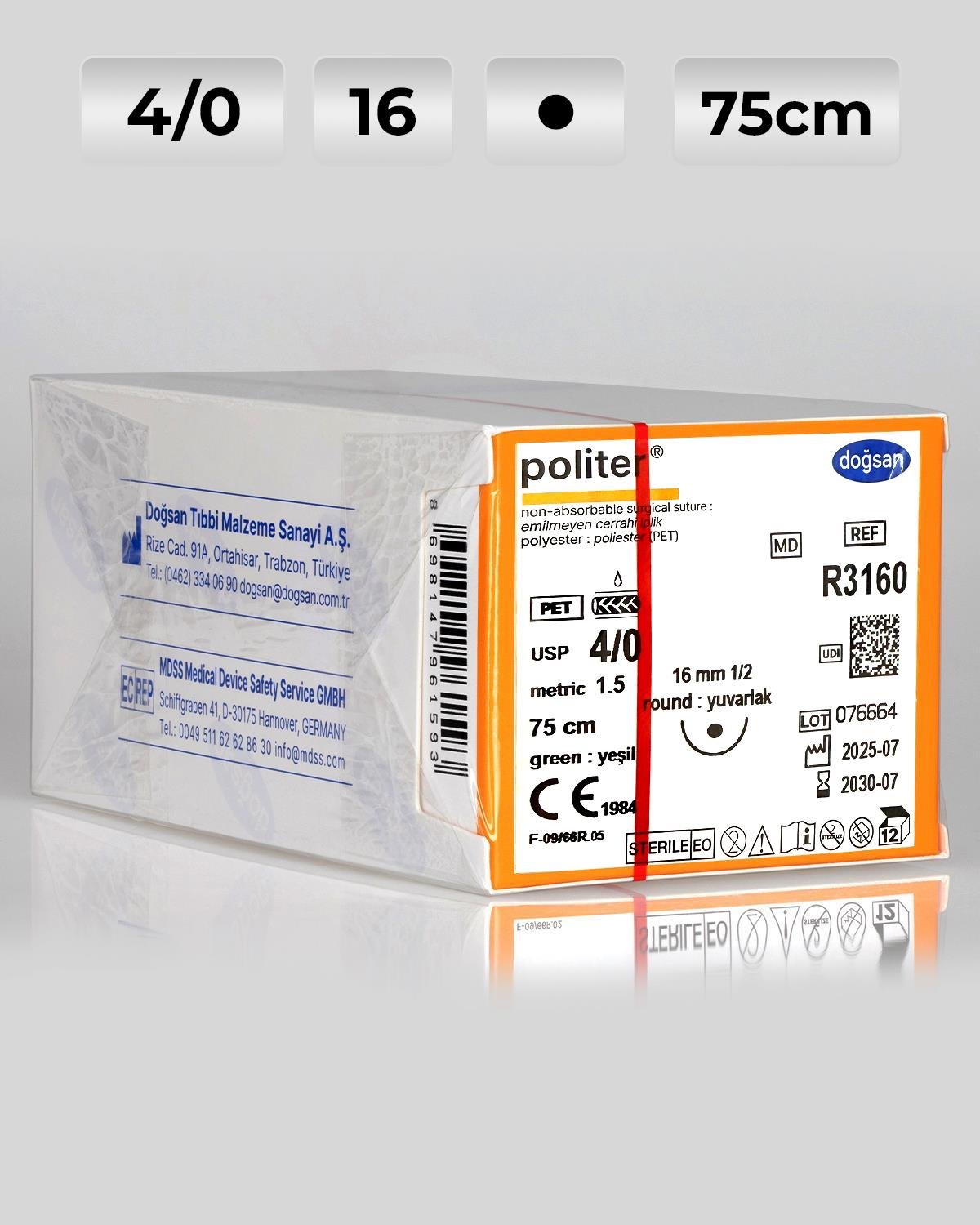 R3160 DOĞSAN Politer 4/0 16 1/2 Yuvarlak (●) 75cm Polyester Emilemeyen Sütür 12 Ad./Pkt