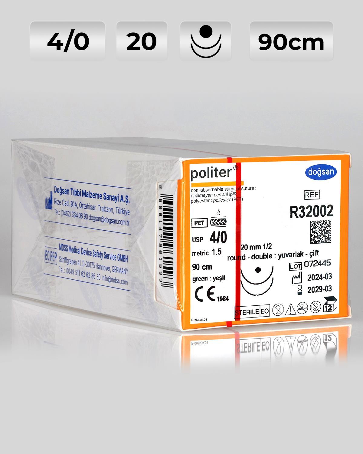 R32002 DOĞSAN Politer 4/0 20 1/2 Yuvarlak (●) 90cm Polyester Emilemeyen Sütür 12 Ad./Pkt