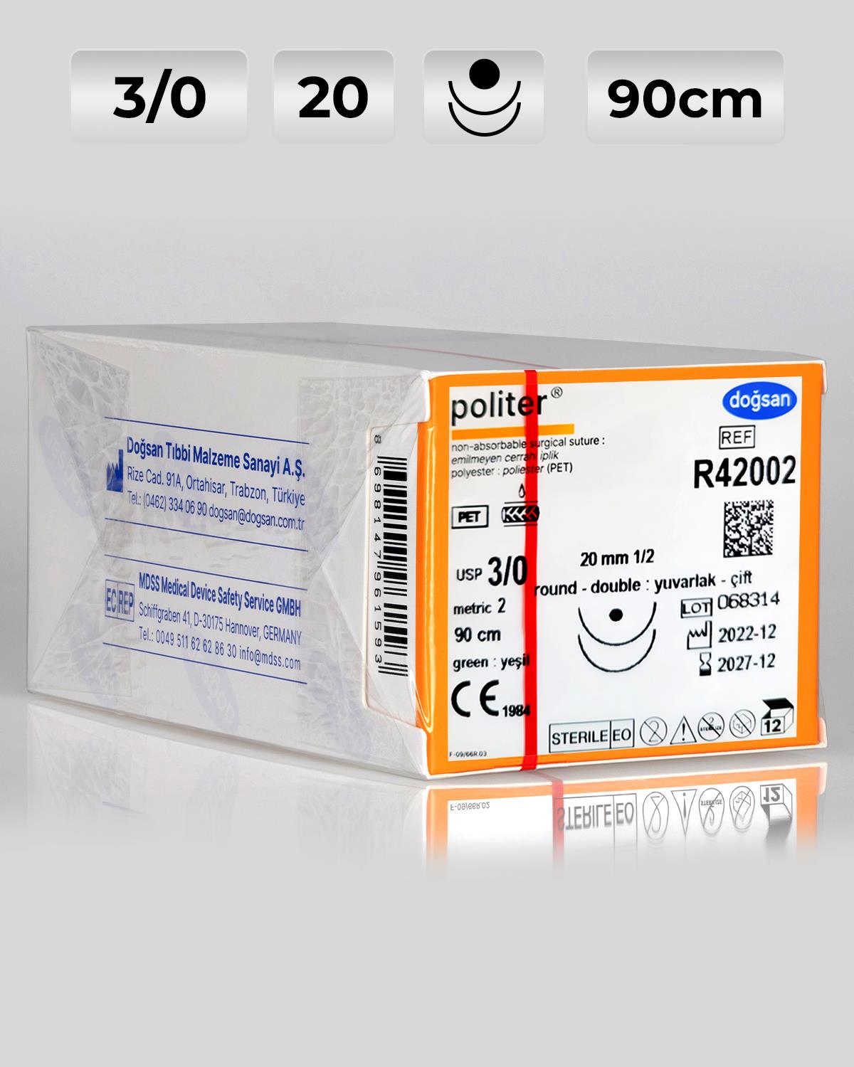 R42002 DOĞSAN Politer 3/0 20 1/2 Yuvarlak (●),çift 90cm Polyester Emilemeyen Sütür 12 Ad./Pkt