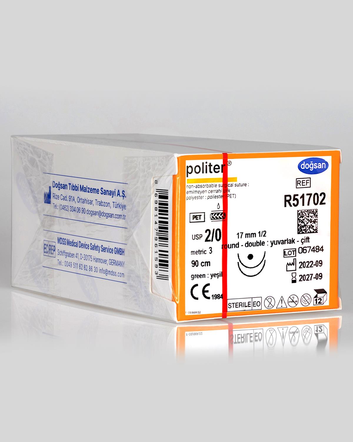 R51702 DOĞSAN Politer 2/0 17 1/2 Yuvarlak (●),çift 90cm Polyester Emilemeyen Sütür 12 Ad./Pkt