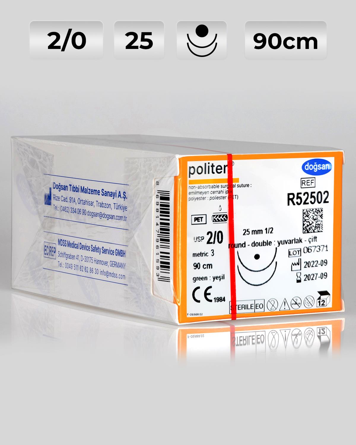 R52502 DOĞSAN Politer 2/0 25 1/2 Yuvarlak (●),çift 90cm Polyester Emilemeyen Sütür 12 Ad./Pkt