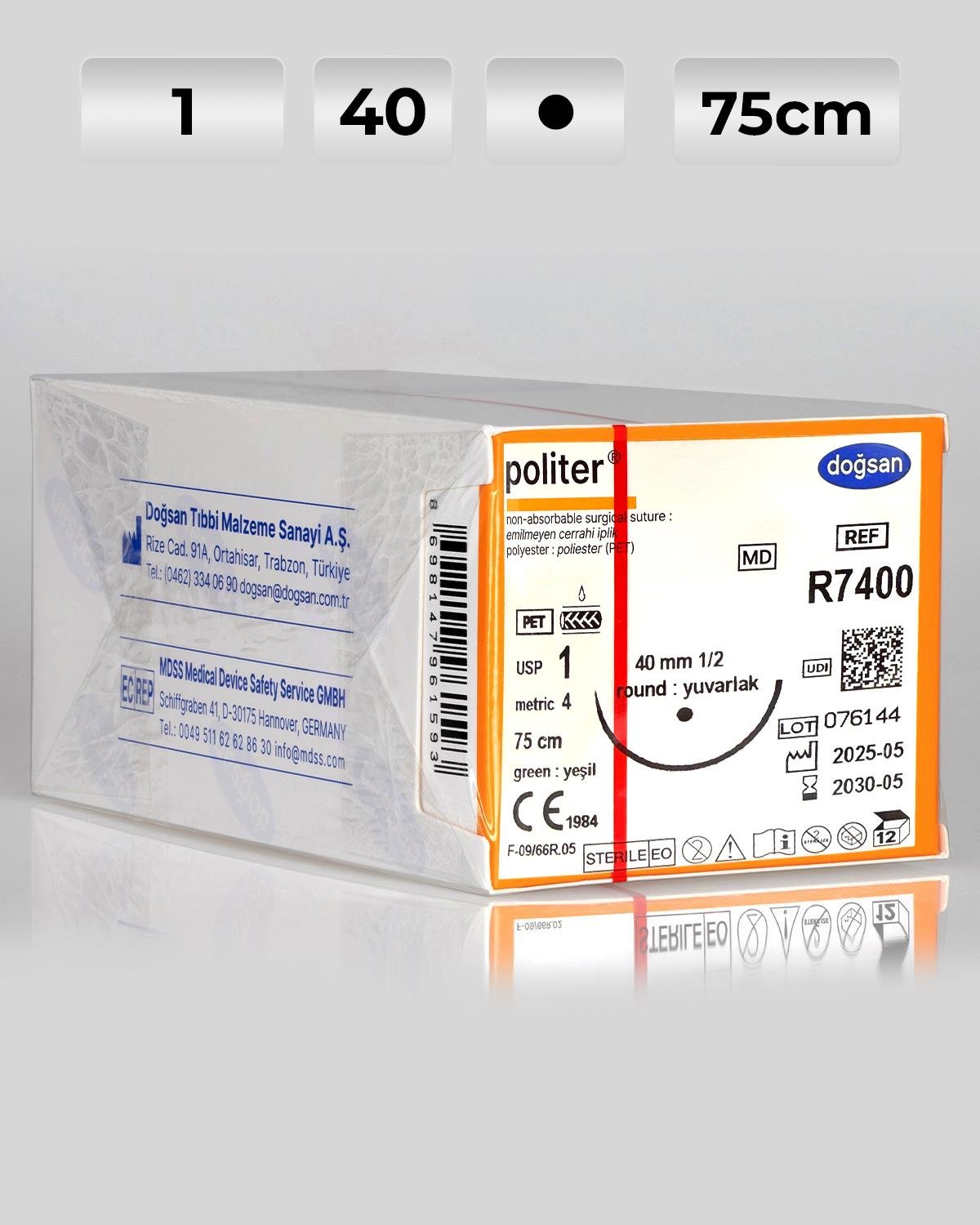 R7400 DOĞSAN Politer 1 40 1/2 Yuvarlak (●) 75cm Polyester Emilemeyen Sütür 12 Ad./Pkt