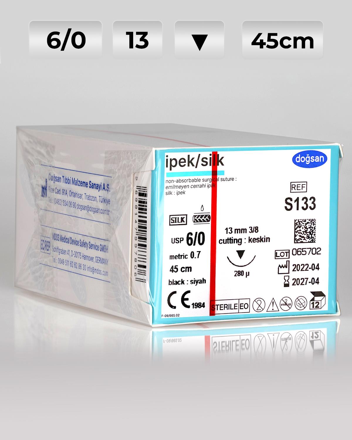 S133 DOĞSAN İpek 6/0 13 3/8 Keskin (▼) 45cm İpek Emilemeyen Sütür 12 Ad./Pkt