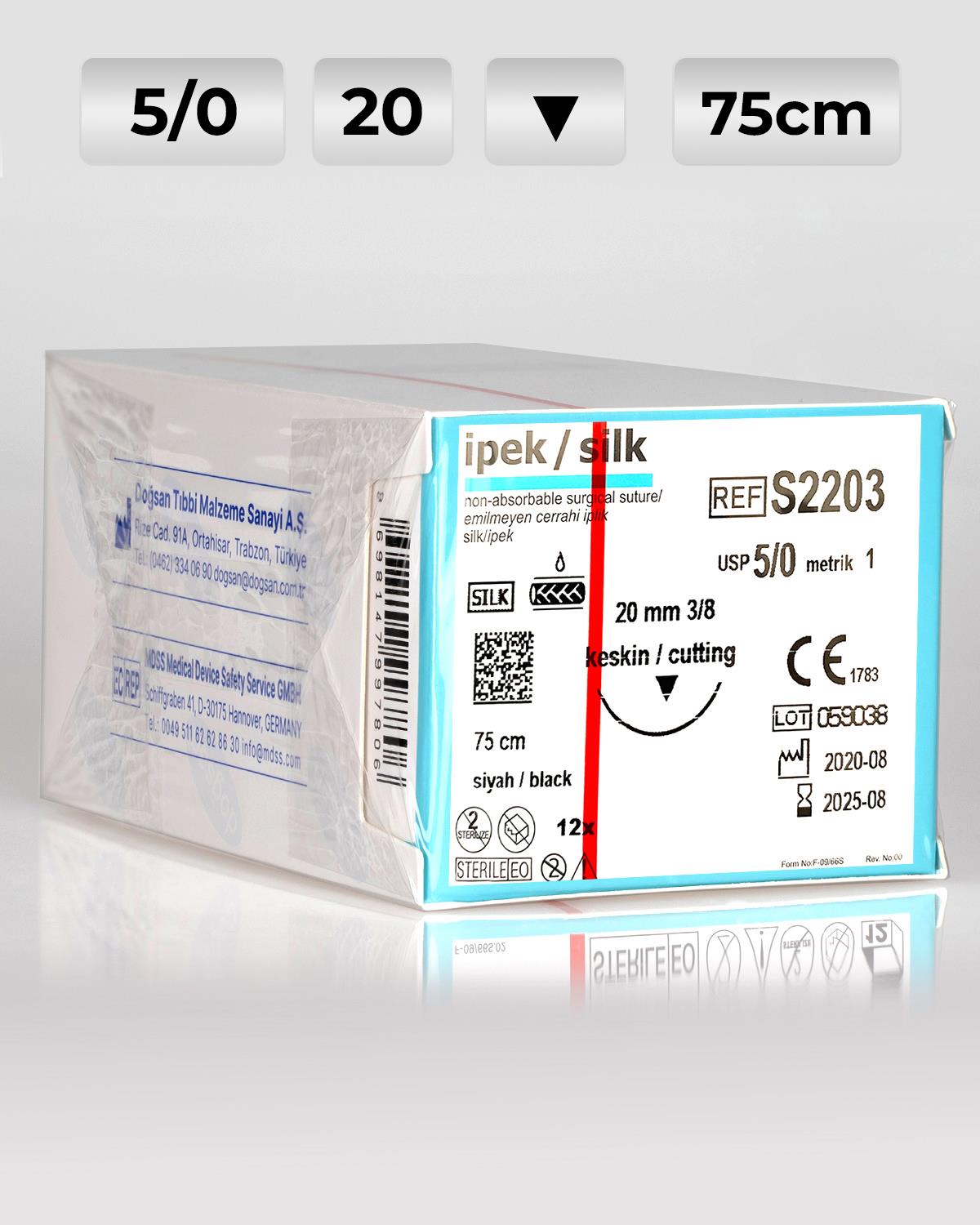 S2203 DOĞSAN İpek 5/0 20 3/8 Keskin (▼) 75cm İpek Emilemeyen Sütür 12 Ad./Pkt