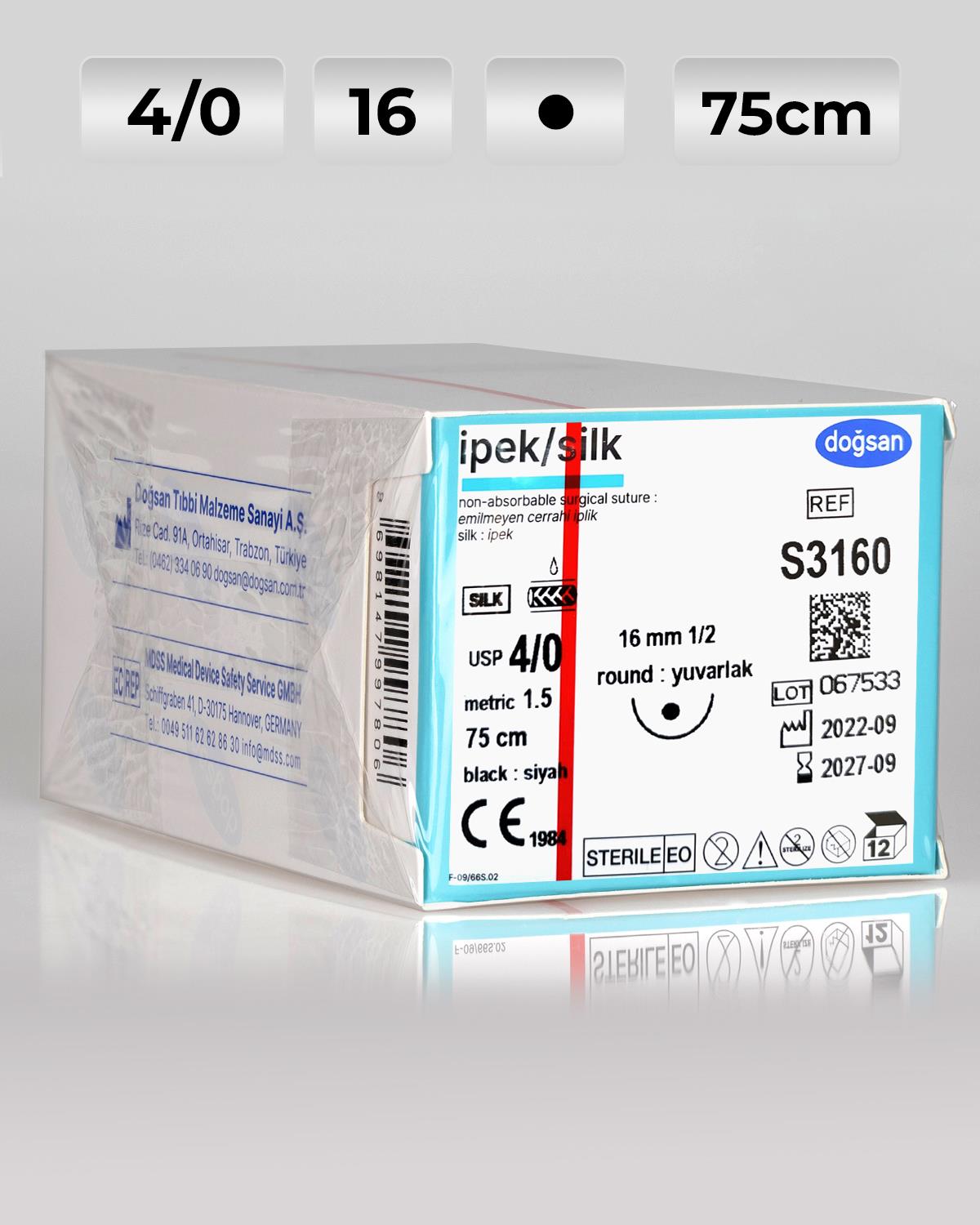 S3160 DOĞSAN İpek 4/0 16 1/2 Yuvarlak (●) 75cm İpek Emilemeyen Sütür 12 Ad./Pkt