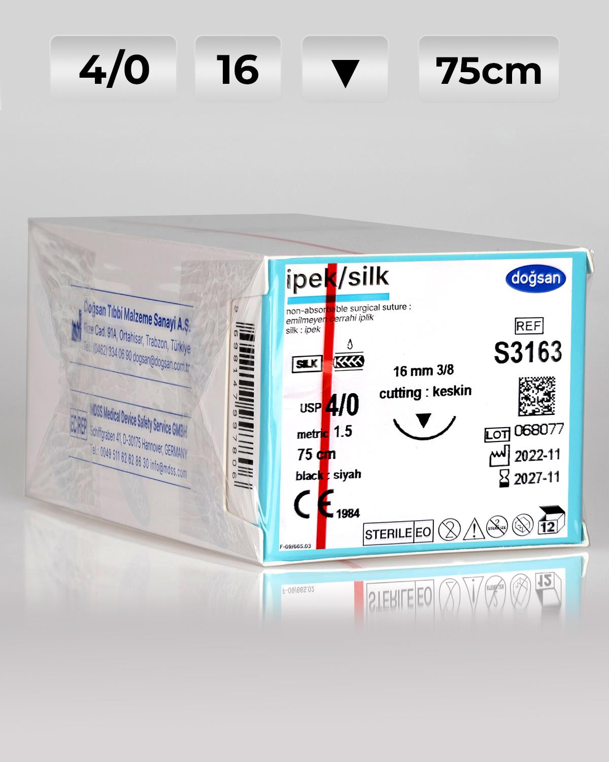 S3163 DOĞSAN İpek 4/0 16 3/8 Keskin (▼) 75cm İpek Emilemeyen Sütür 12 Ad./Pkt