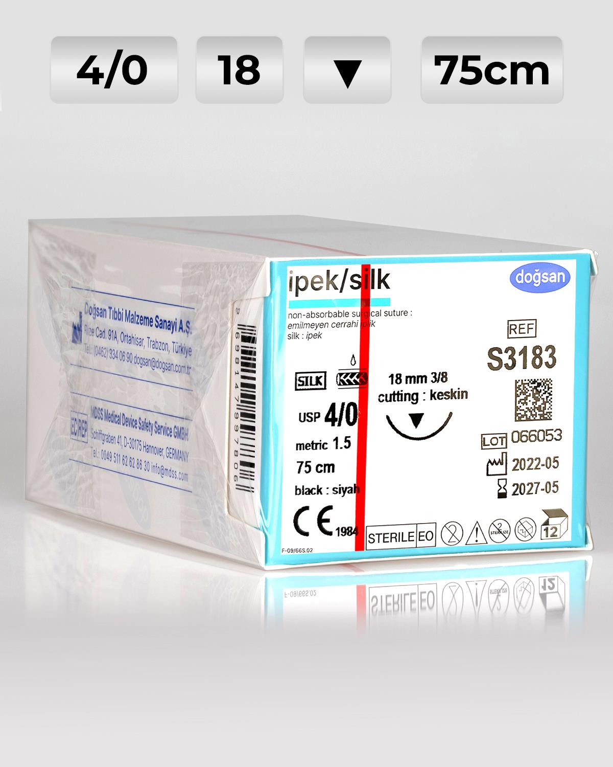 S3183 DOĞSAN İpek 4/0 18 3/8 Keskin (▼) 75cm İpek Emilemeyen Sütür 12 Ad./Pkt