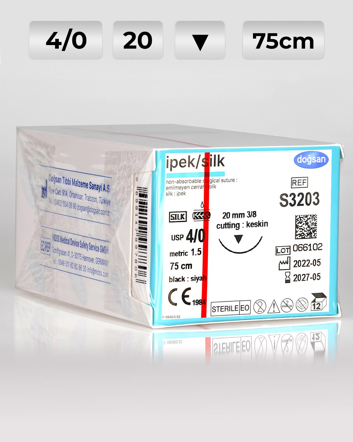S3203 DOĞSAN İpek 4/0 20 3/8 Keskin (▼) 75cm İpek Emilemeyen Sütür 12 Ad./Pkt