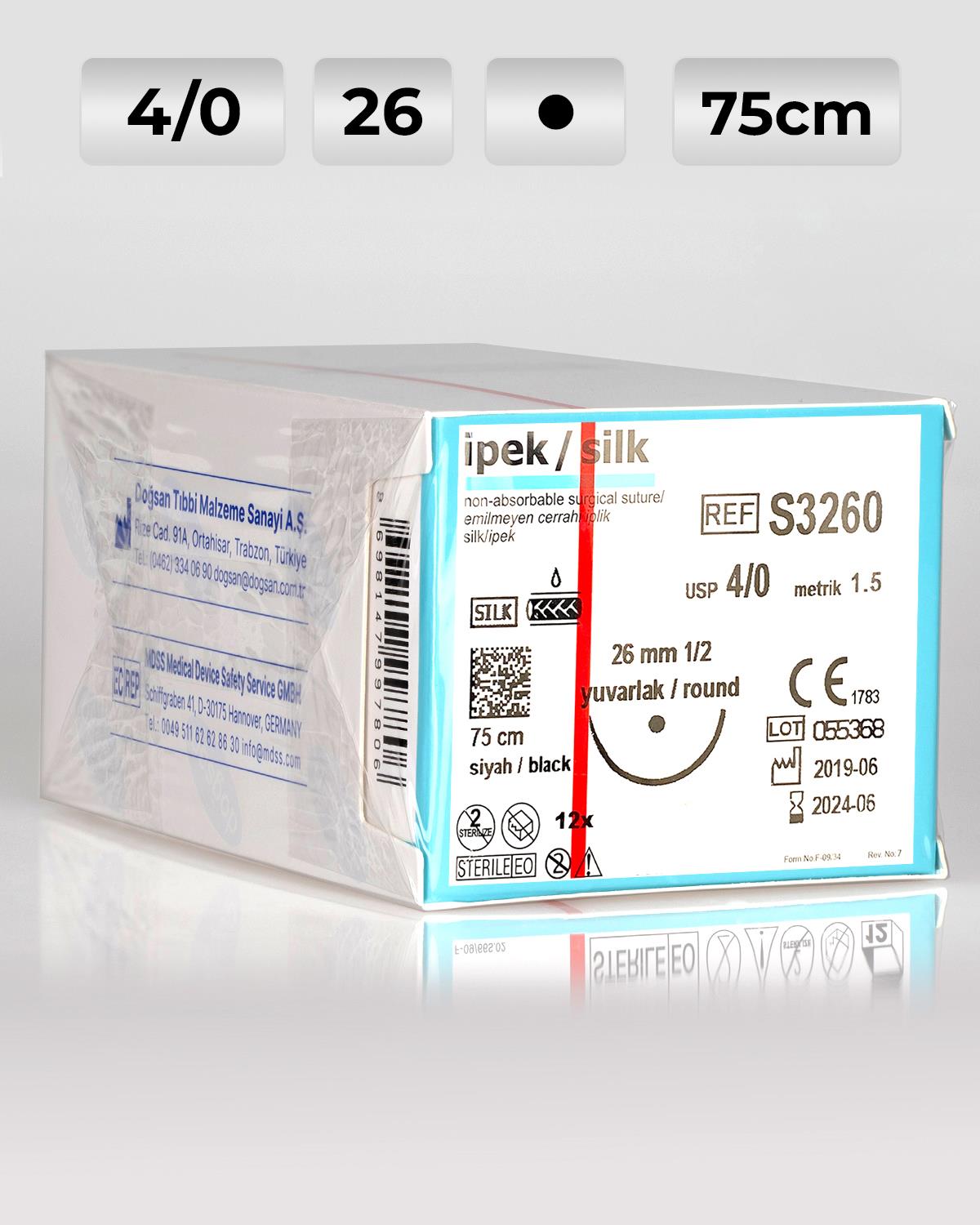 S3260 DOĞSAN İpek 4/0 26 1/2 Yuvarlak (●) 75cm İpek Emilemeyen Sütür 12 Ad./Pkt