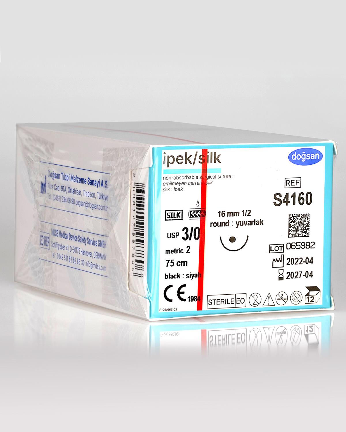 S4160 DOĞSAN İpek 3/0 16 1/2 Yuvarlak (●) 75cm İpek Emilemeyen Sütür 12 Ad./Pkt