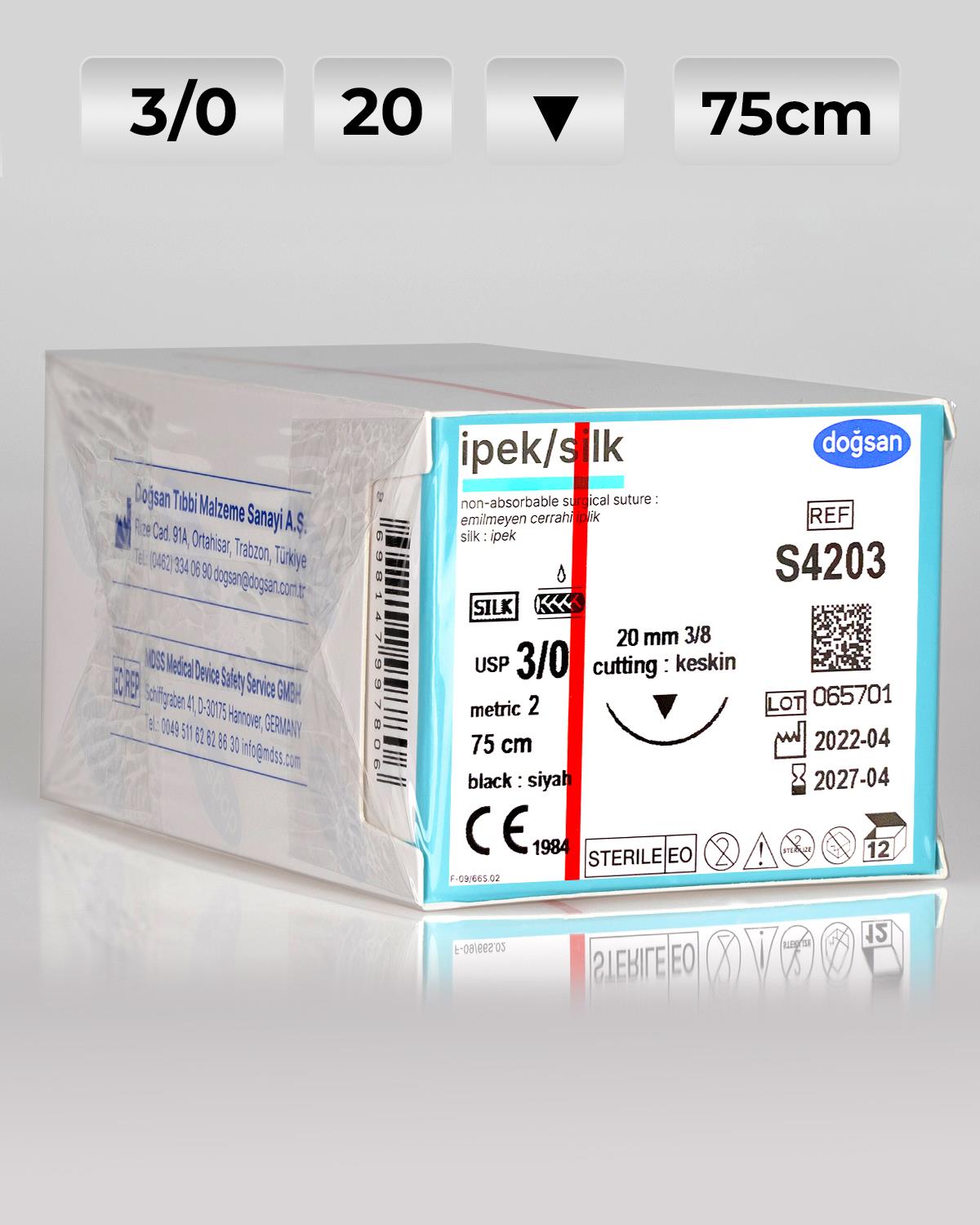 S4203 DOĞSAN İpek 3/0 20 3/8 Keskin (▼) 75cm İpek Emilemeyen Sütür 12 Ad./Pkt