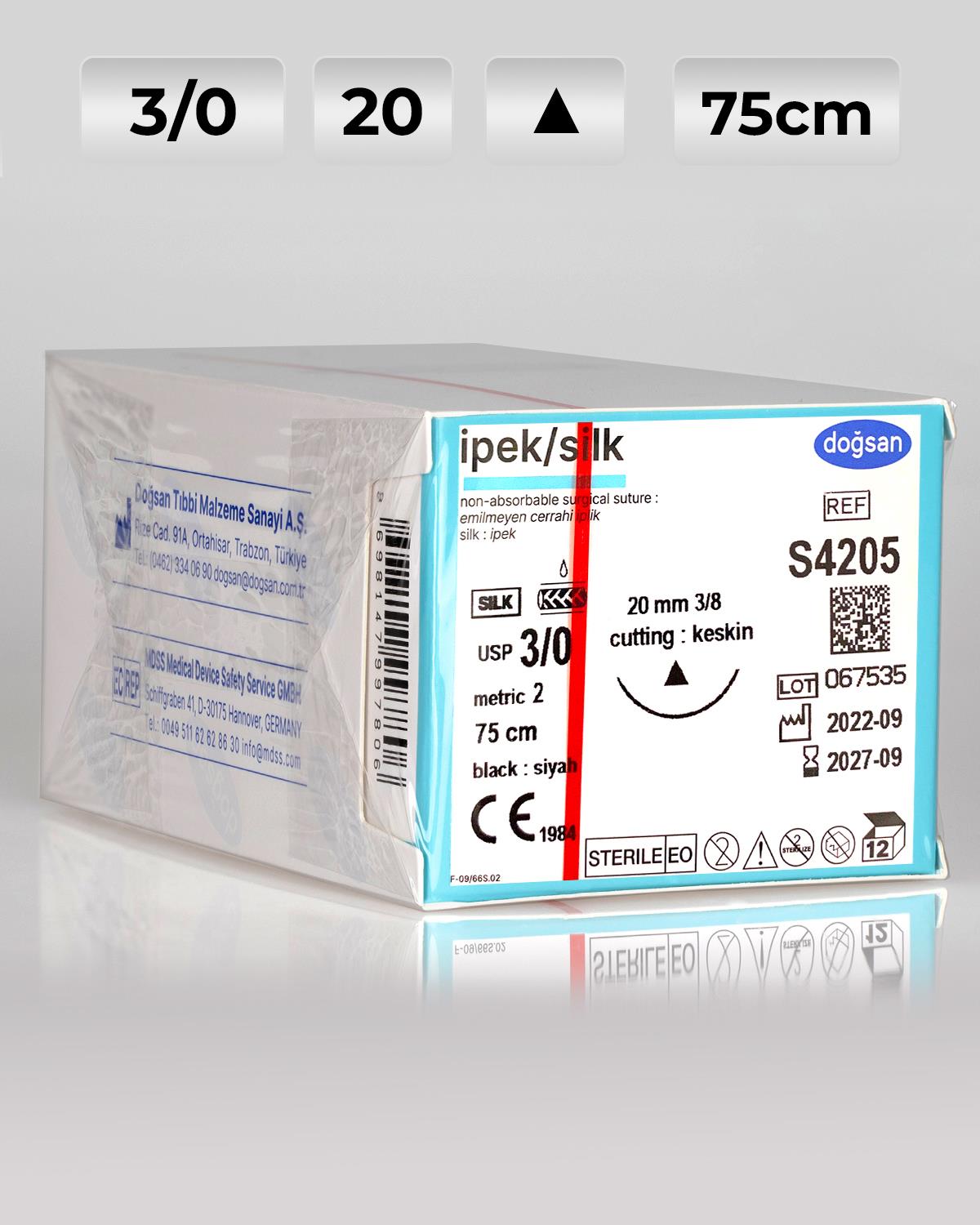 S4205 DOĞSAN İpek 3/0 20 3/8 Keskin (Δ) 75cm İpek Emilemeyen Sütür 12 Ad./Pkt