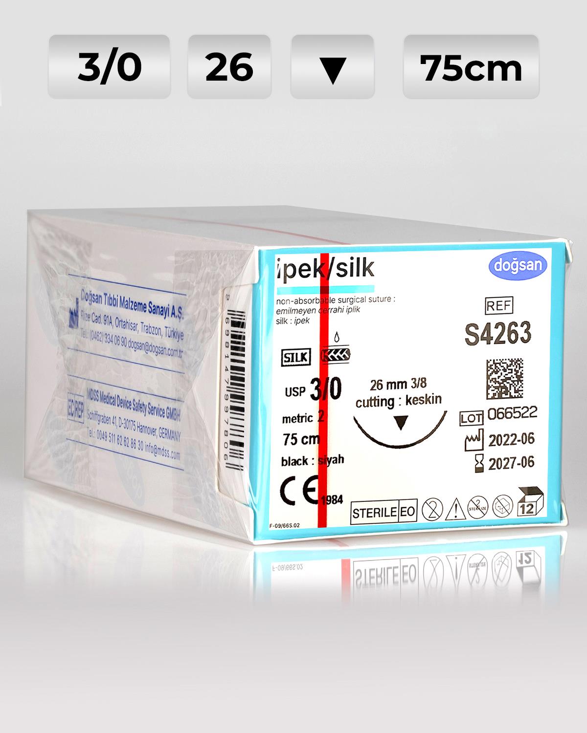 S4263 DOĞSAN İpek 3/0 26 3/8 Keskin (▼) 75cm İpek Emilemeyen Sütür 12 Ad./Pkt