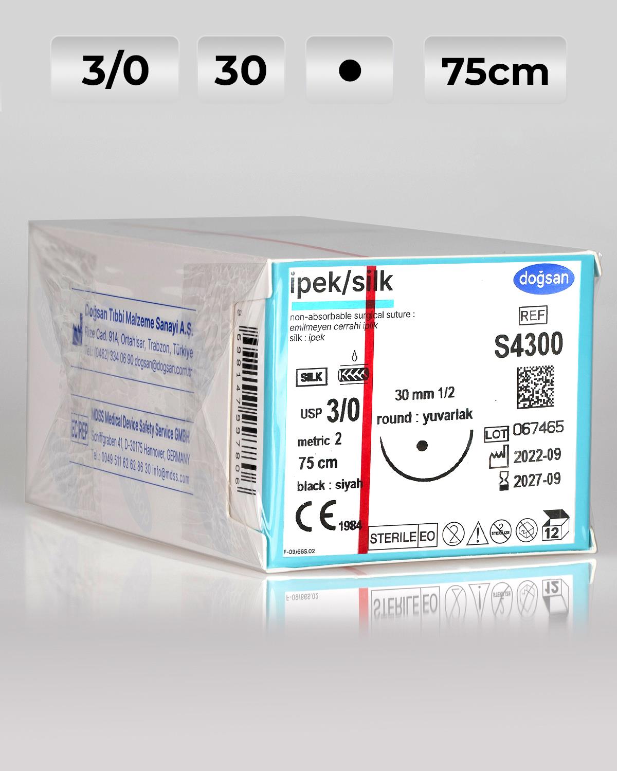 S4300 DOĞSAN İpek 3/0 30 1/2 Yuvarlak (●) 75cm İpek Emilemeyen Sütür 12 Ad./Pkt