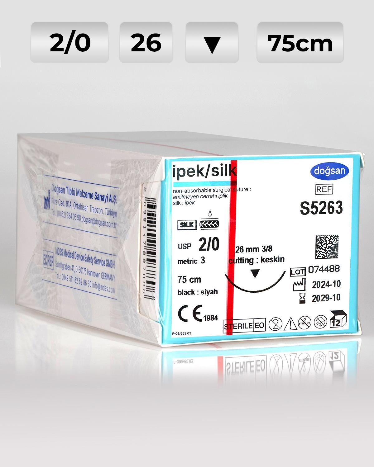 S5263 DOĞSAN İpek 2/0 26 3/8 Keskin (▼) 75cm İpek Emilemeyen Sütür 12 Ad./Pkt