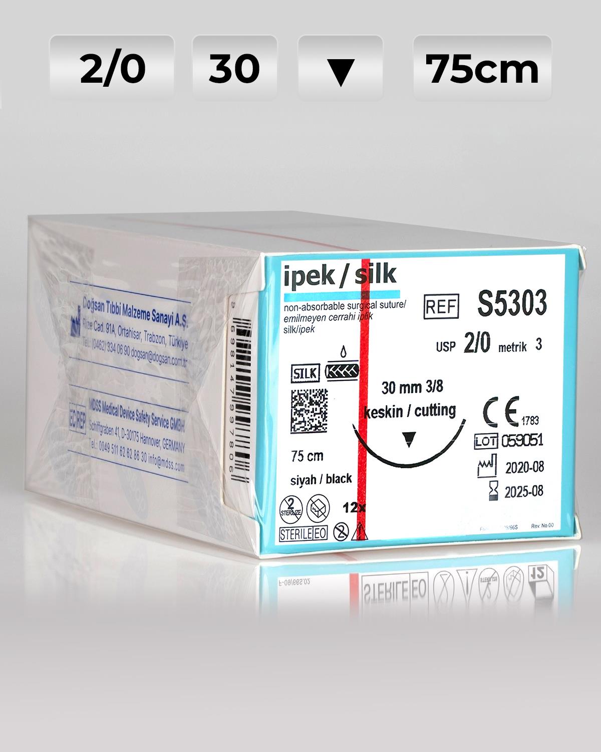 S5303 DOĞSAN İpek 2/0 30 3/8 Keskin (▼) 75cm İpek Emilemeyen Sütür 12 Ad./Pkt