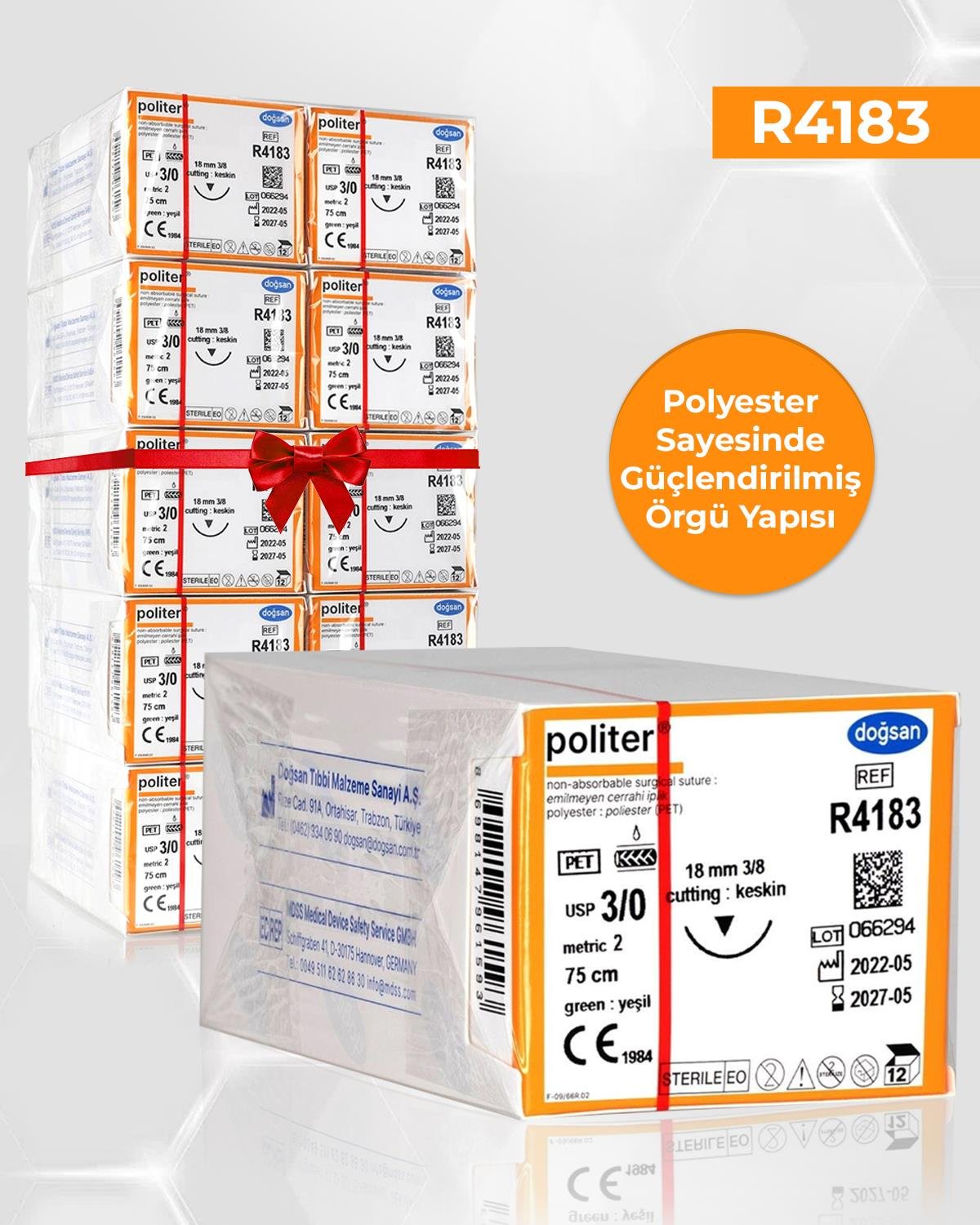 SET00062 Politer 3/0 18 3/8 Keskin (▼) 75cm Polyester Emilemeyen Sütür 10 Kt./Set