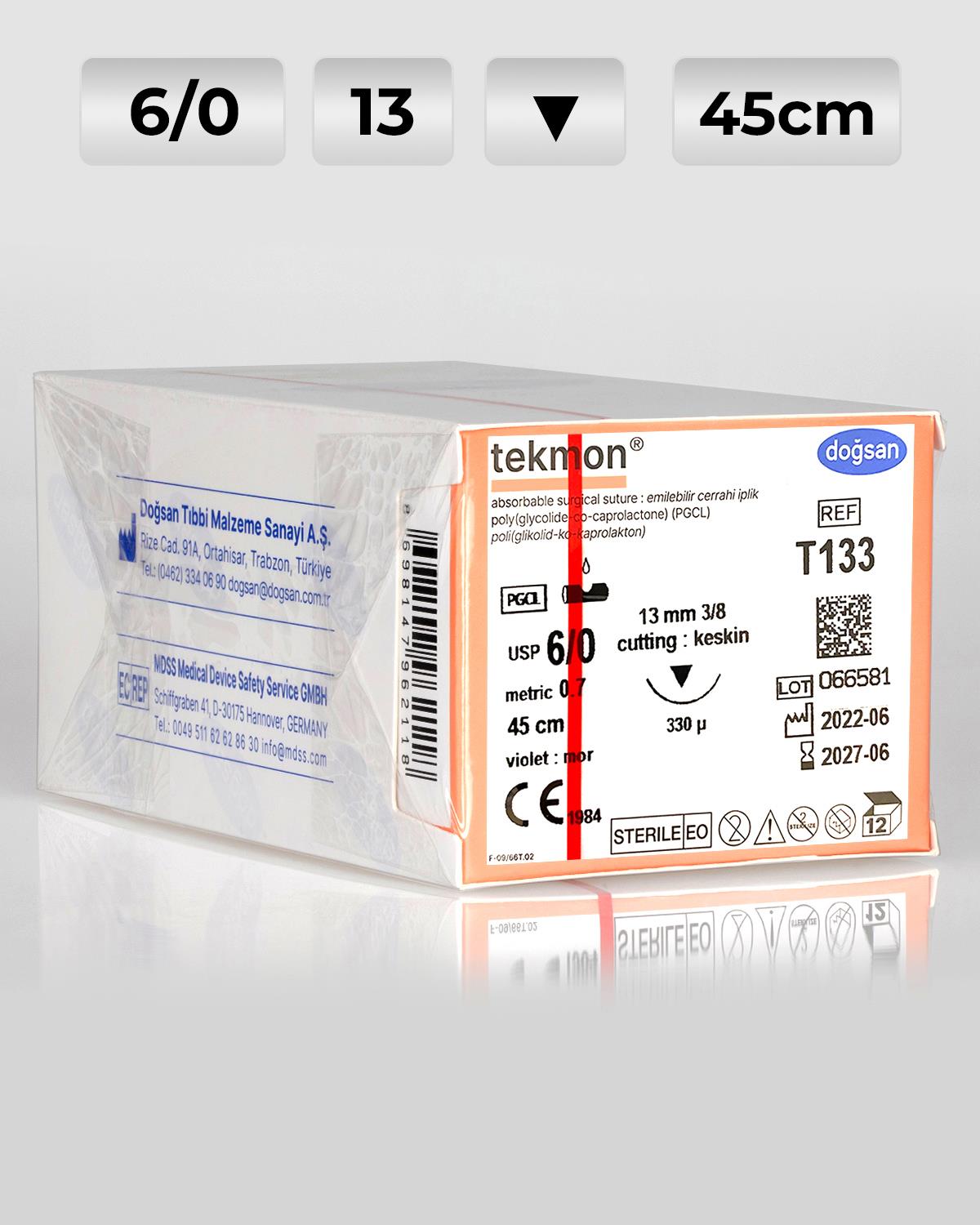 T133 DOĞSAN Tekmon 6/0 13 3/8 Keskin (▼) 45cm PGCL Emilebilir Sütür 12 Ad./Pkt