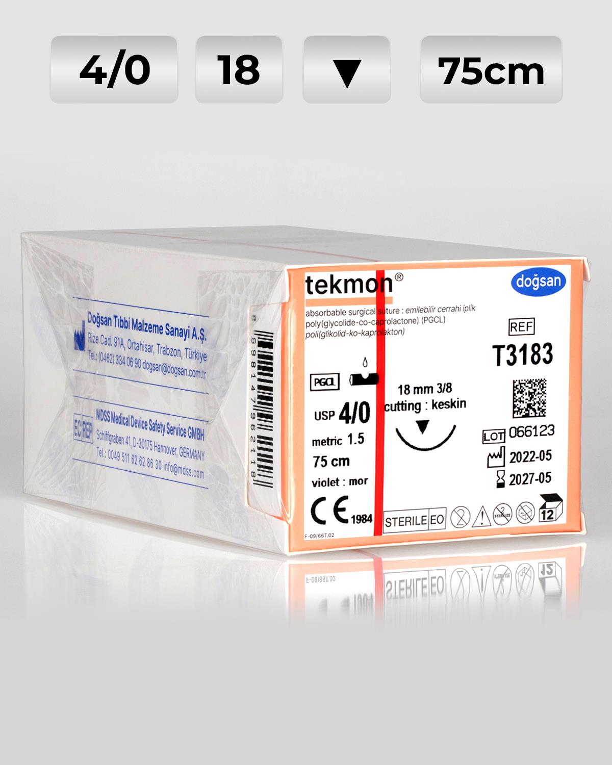 T3183 DOĞSAN Tekmon 4/0 18 3/8 Keskin (▼) 75cm PGCL Emilebilir Sütür 12 Ad./Pkt