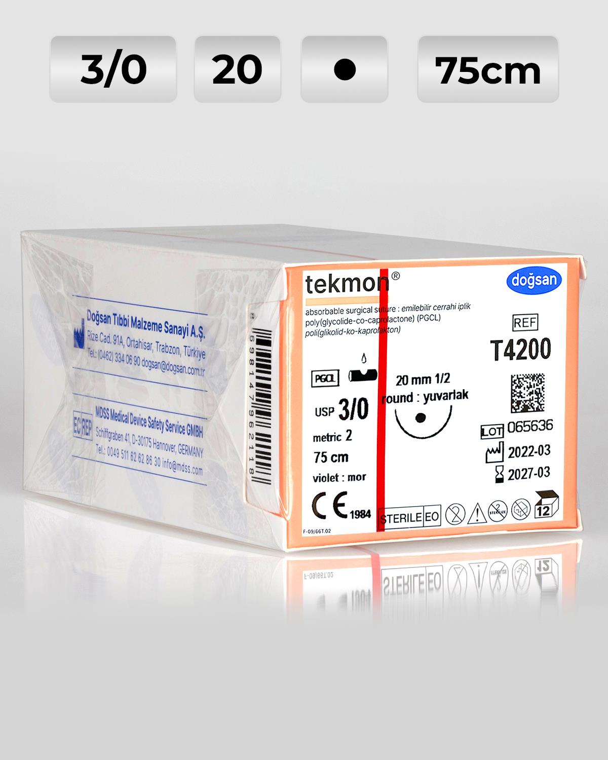 T4200 DOĞSAN Tekmon 3/0 20 1/2 Yuvarlak (●) 75cm PGCL Emilebilir Sütür 12 Ad./Pkt