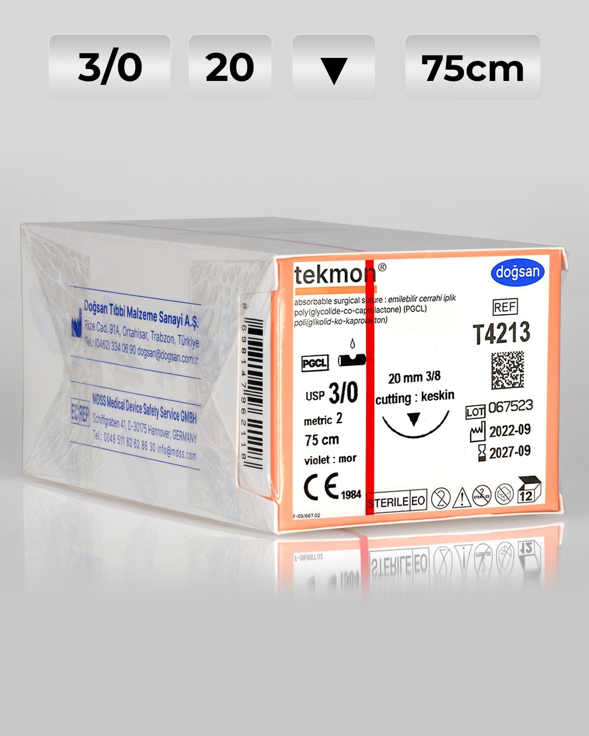 T4213 DOĞSAN Tekmon 3/0 20 3/8 Keskin (▼) 75cm PGCL Emilebilir Sütür 12 Ad./Pkt