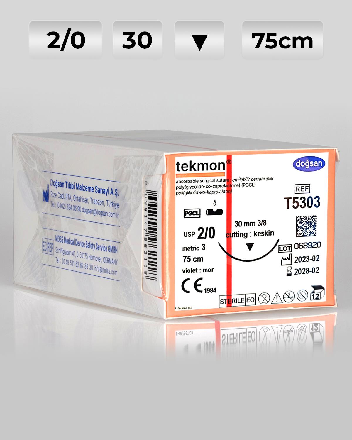 T5303 DOĞSAN Tekmon 2/0 30 3/8 Keskin (▼) 75cm PGCL Emilebilir Sütür 12 Ad./Pkt
