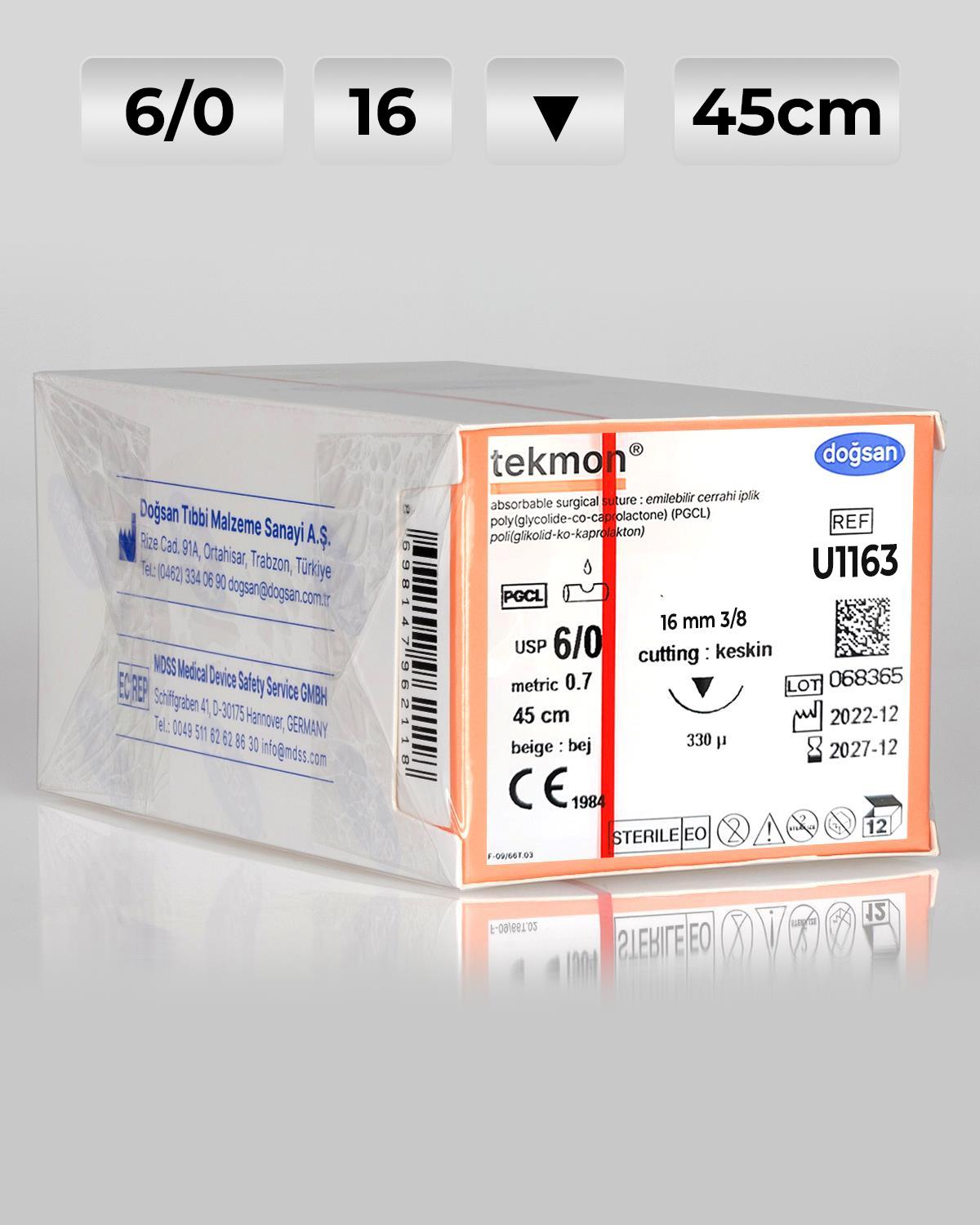 U1163 DOĞSAN Tekmon 6/0 16 3/8 Keskin (▼) 45cm PGCL Emilebilir Sütür 12 Ad./Pkt