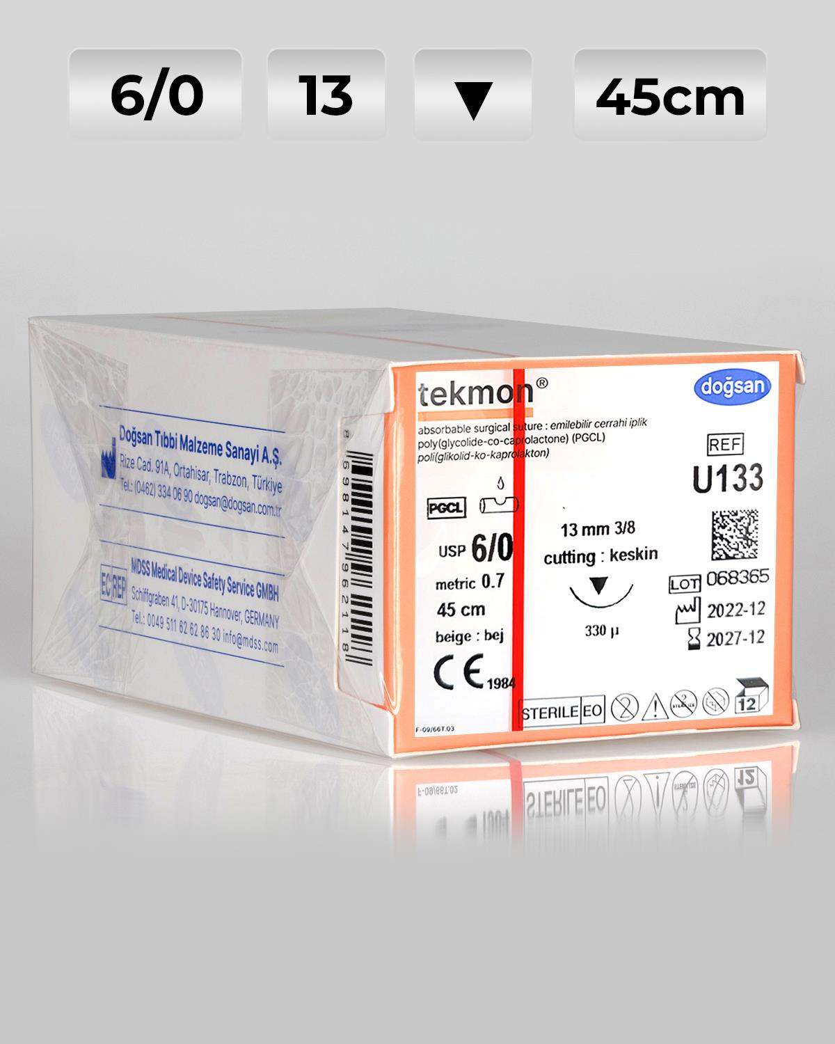 U133 DOĞSAN Tekmon 6/0 13 3/8 Keskin (▼) 45cm PGCL Emilebilir Sütür 12 Ad./Pkt