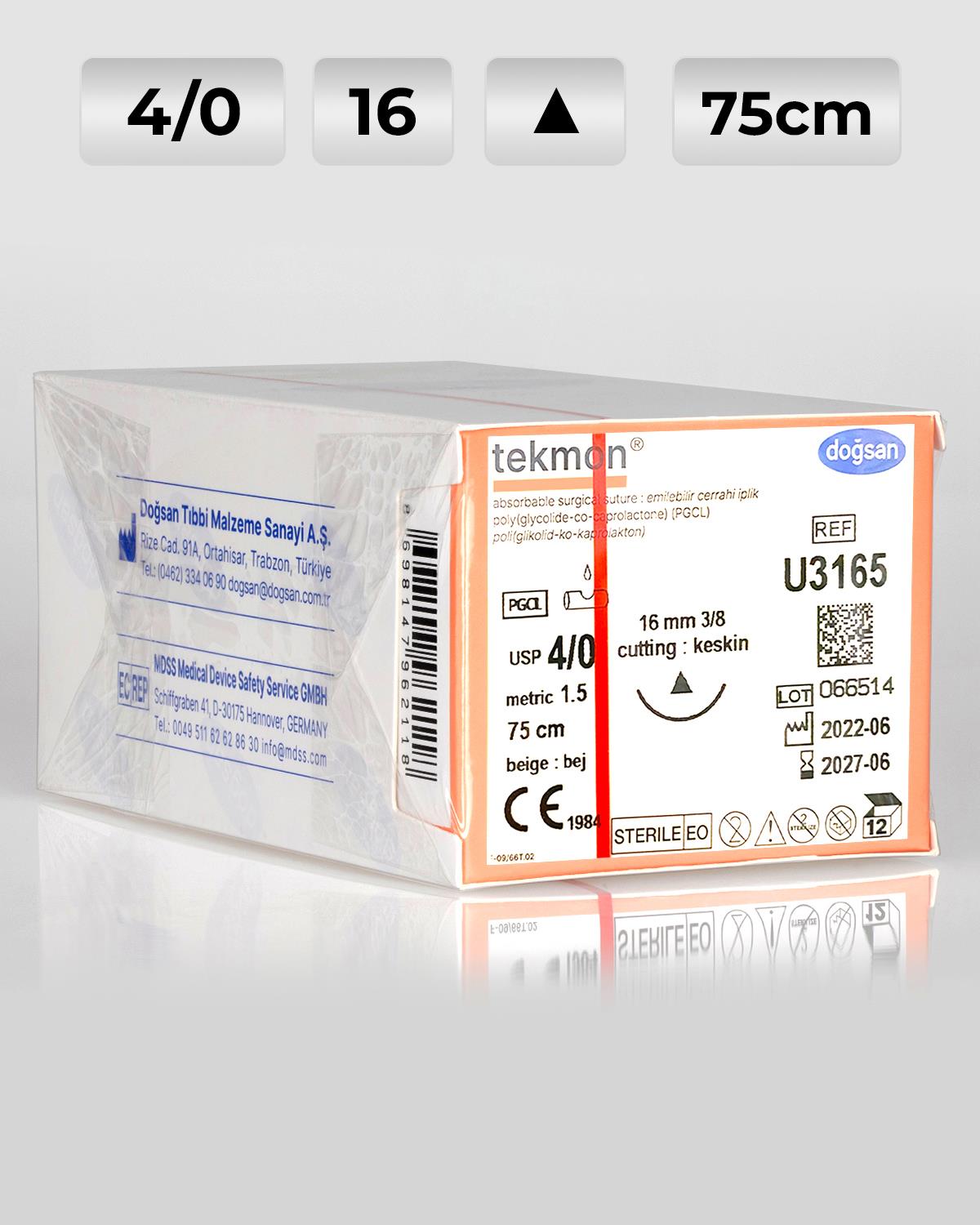 U3165 DOĞSAN Tekmon 4/0 16 3/8 Keskin (Δ) 75cm PGCL Emilebilir Sütür 12 Ad./Pkt