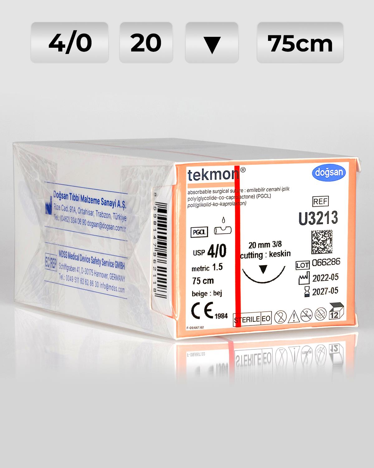 U3213 DOĞSAN Tekmon 4/0 20 3/8 Keskin (▼) 75cm PGCL Emilebilir Sütür 12 Ad./Pkt