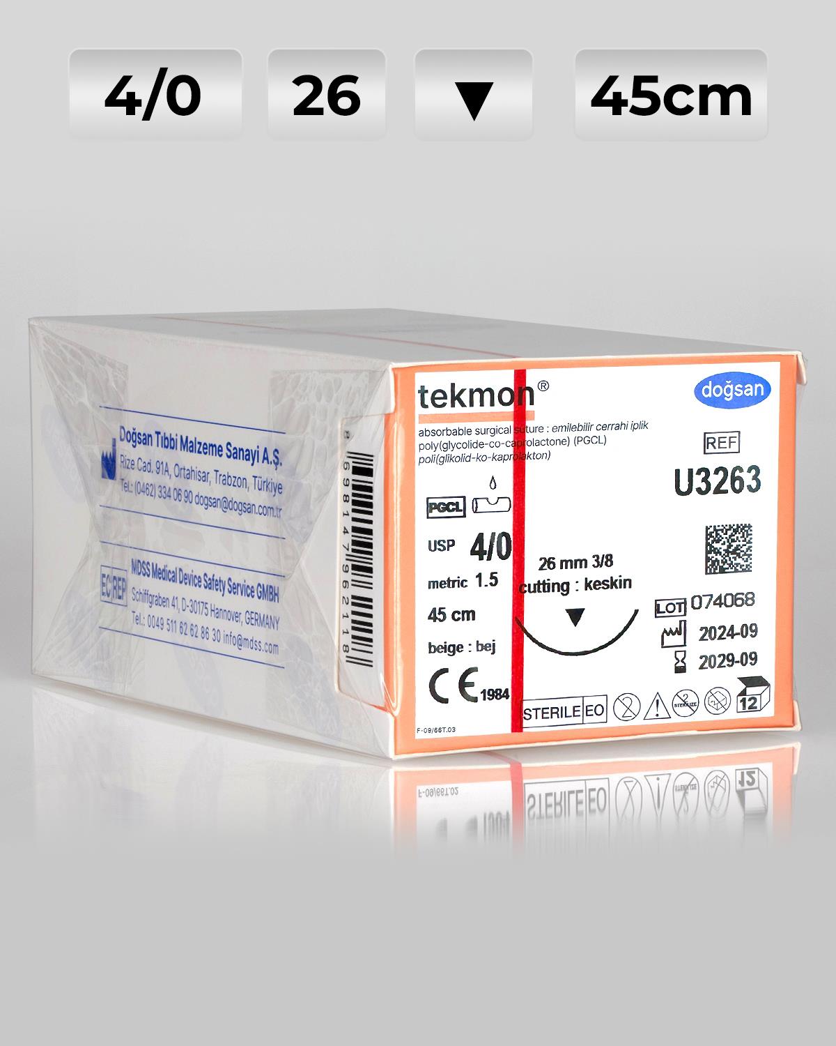 U3263 DOĞSAN Tekmon 4/0 26 3/8 Keskin (▼) 75cm PGCL Emilebilir Sütür 12 Ad./Pkt