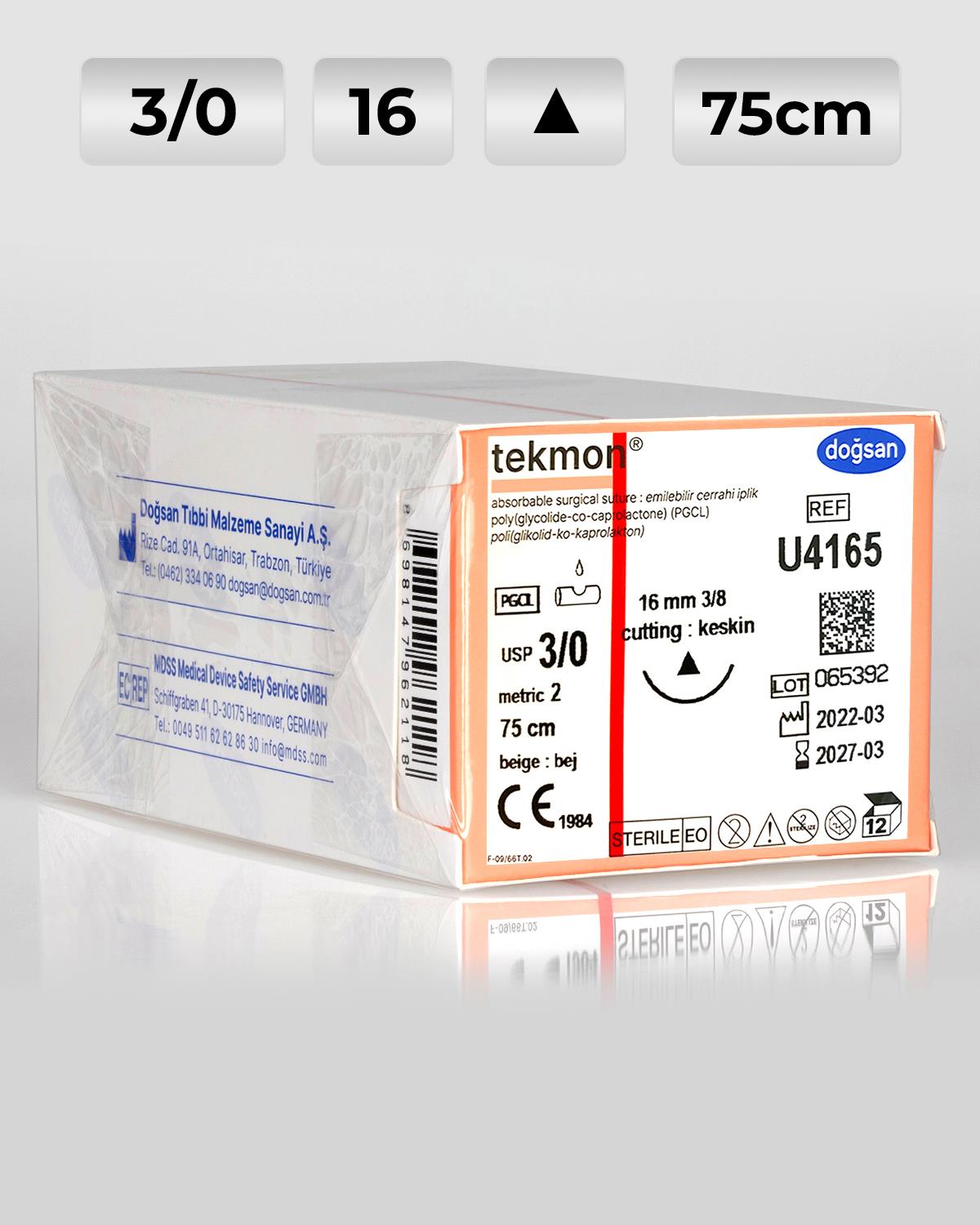 U4165 DOĞSAN Tekmon 3/0 16 3/8 Keskin (Δ) 75cm PGCL Emilebilir Sütür 12 Ad./Pkt