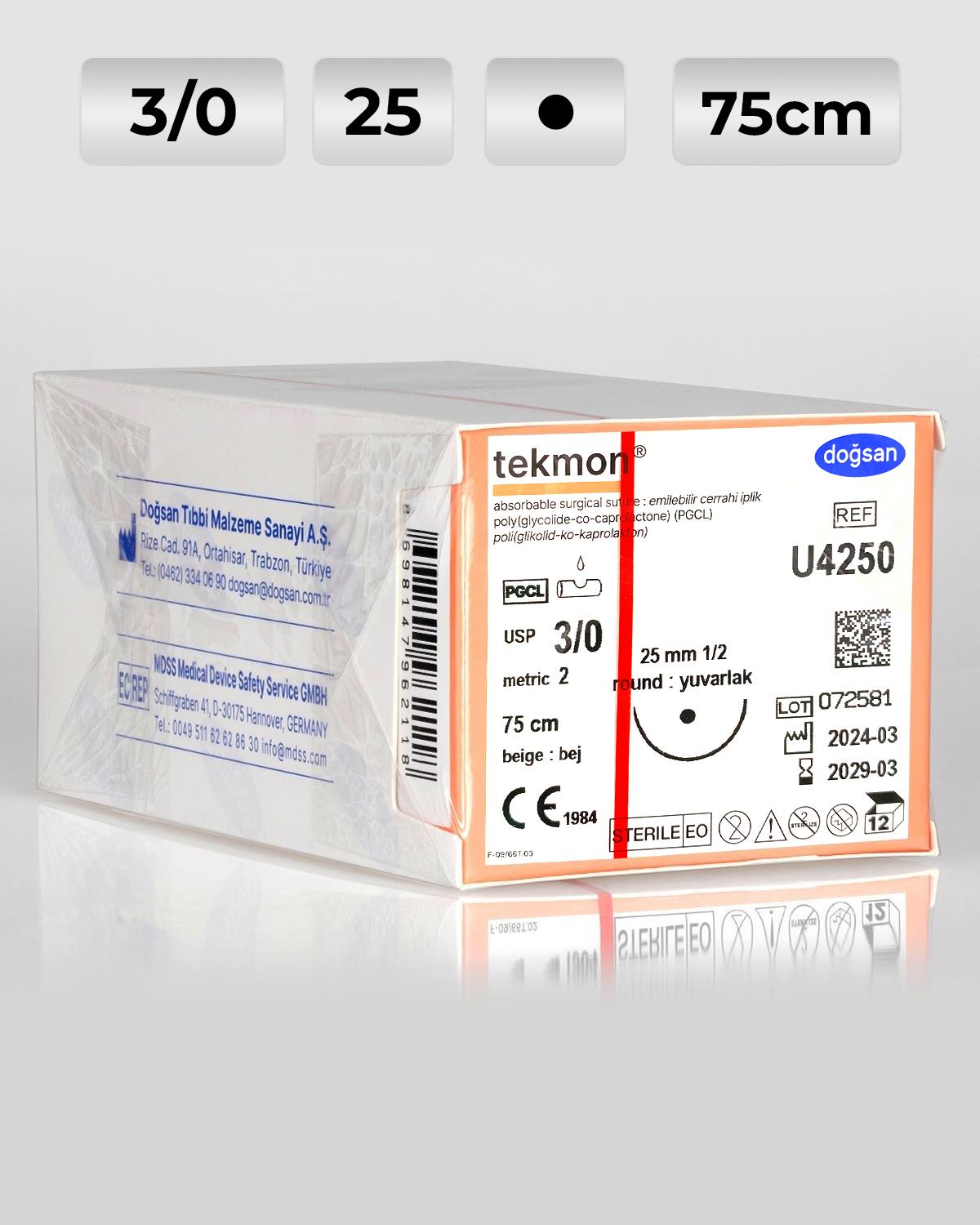 U4250 DOĞSAN Tekmon 3/0 25 1/2 Yuvarlak (●) 75cm PGCL Emilebilir Sütür 12 Ad./Pkt