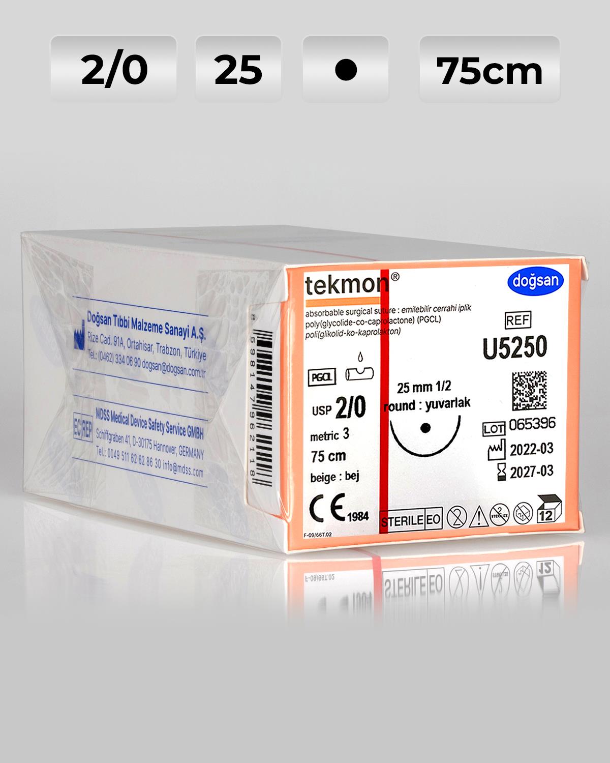 U5250 DOĞSAN Tekmon 2/0 25 1/2 Yuvarlak (●) 75cm PGCL Emilebilir Sütür 12 Ad./Pkt