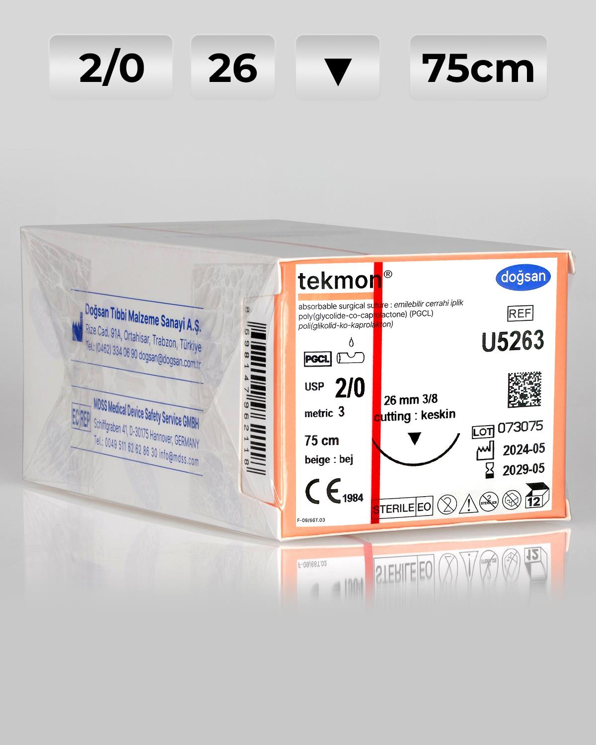 U5263 DOĞSAN Tekmon 2/0 26 3/8 Keskin (▼) 75cm PGCL Emilebilir Sütür 12 Ad./Pkt