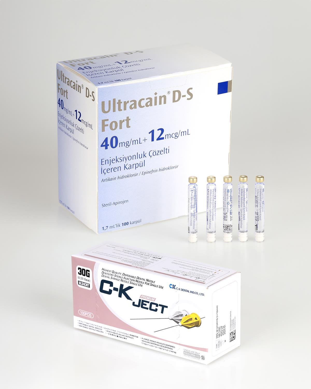Ultracain DS Forte 2 ML 40 mg/mL + 12 mcg/mL Artikain, Epinefrin Etken Maddeli Enjeksiyonluk Çözelti İçeren karpul, 100 karpul/Kutu