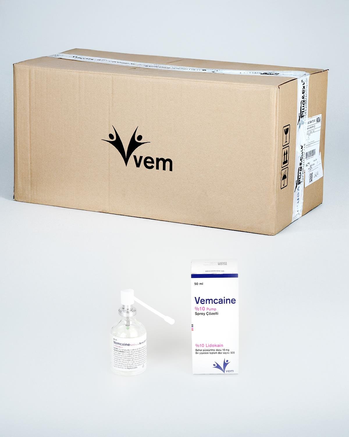 VEMCAİNE %10, lidokain etken maddleli pump sprey çözelti, 50 mL şişe/kutu, 10 kutu/koli Seti
