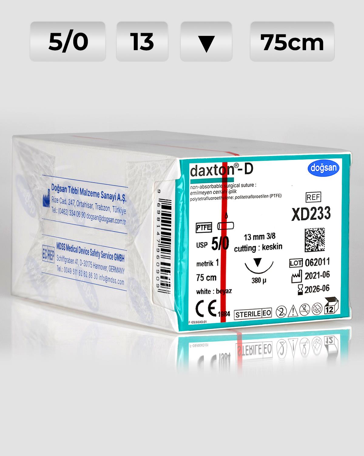 XD233 DOĞSAN Daxton-D 5/0 13 3/8 Keskin (▼) 75cm TEFLON Emilemeyen Sütür 12 Ad./Pkt
