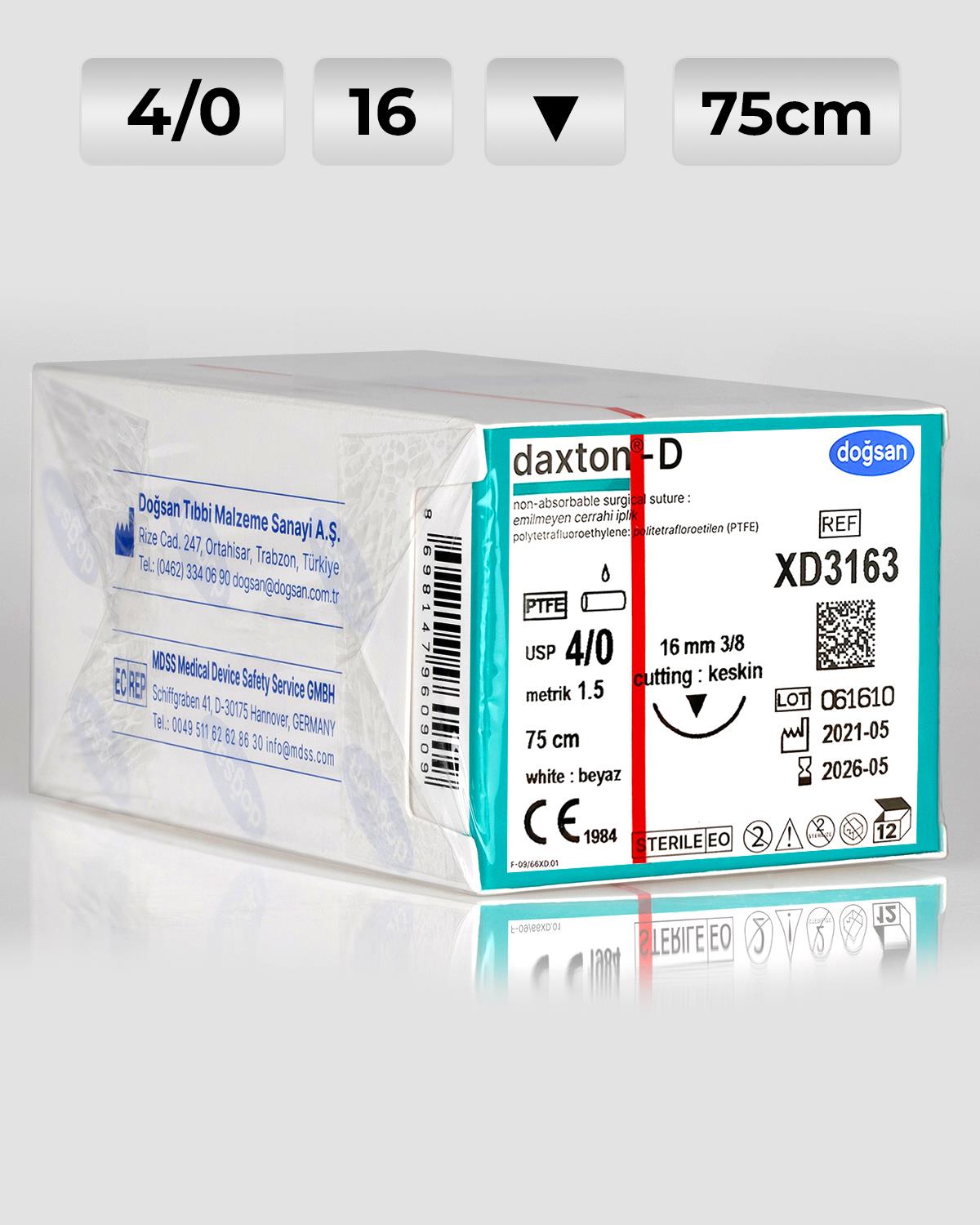 XD3163 DOĞSAN Daxton-D 4/0 16 3/8 Keskin (▼) 75cm TEFLON Emilemeyen Sütür 12 Ad./Pkt