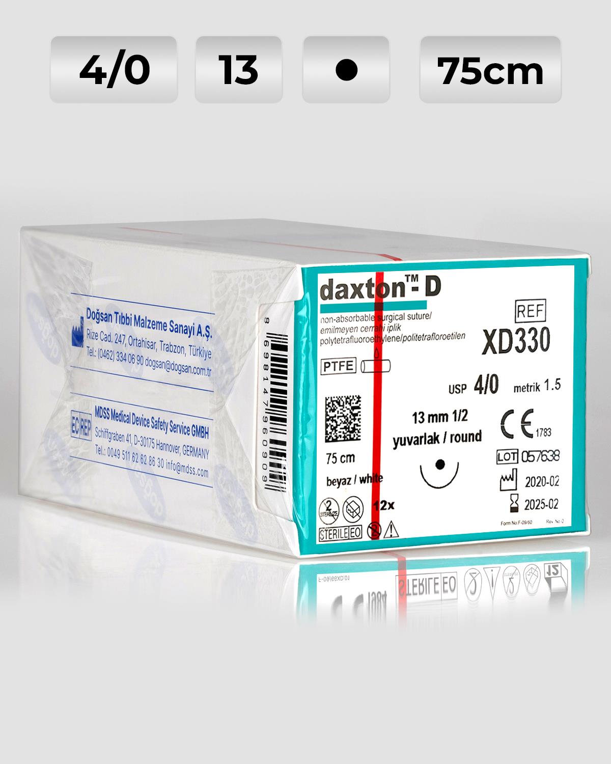 XD330 DOĞSAN Daxton-D 4/0 13 1/2 Yuvarlak (●) 75cm TEFLON Emilemeyen Sütür 12 Ad./Pkt