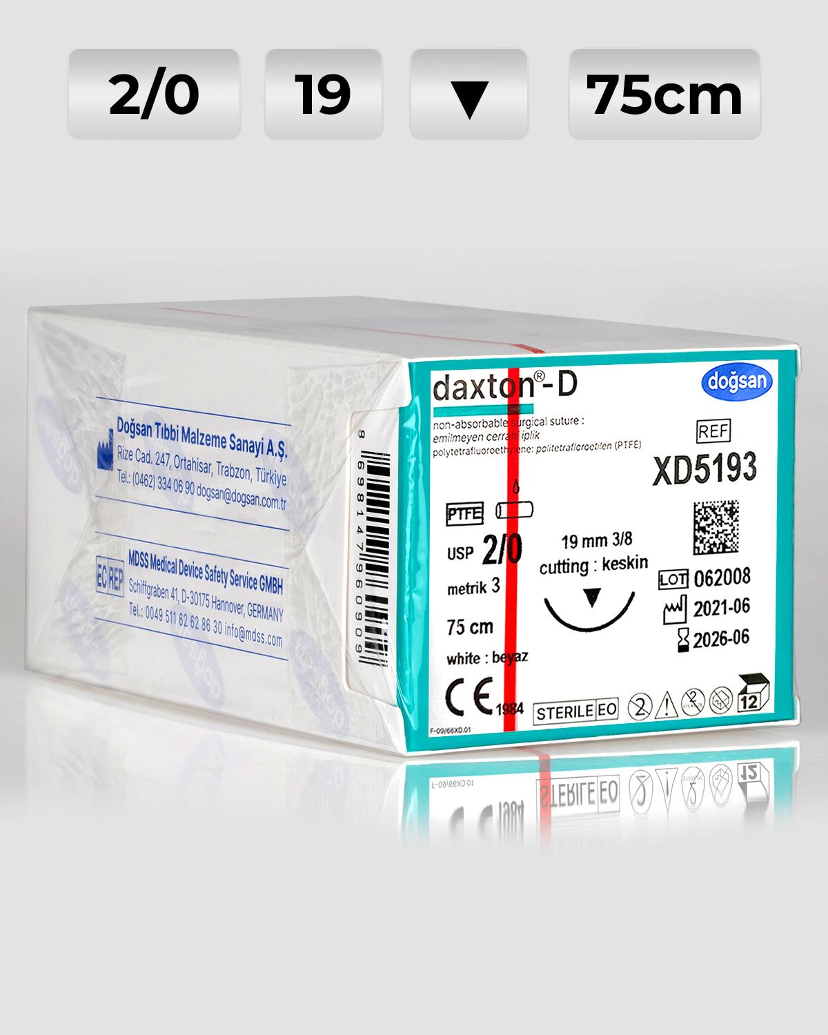 XD5193 DOĞSAN Daxton-D 2/0 19 3/8 Keskin (▼) 75cm TEFLON Emilemeyen Sütür 12 Ad./Pkt