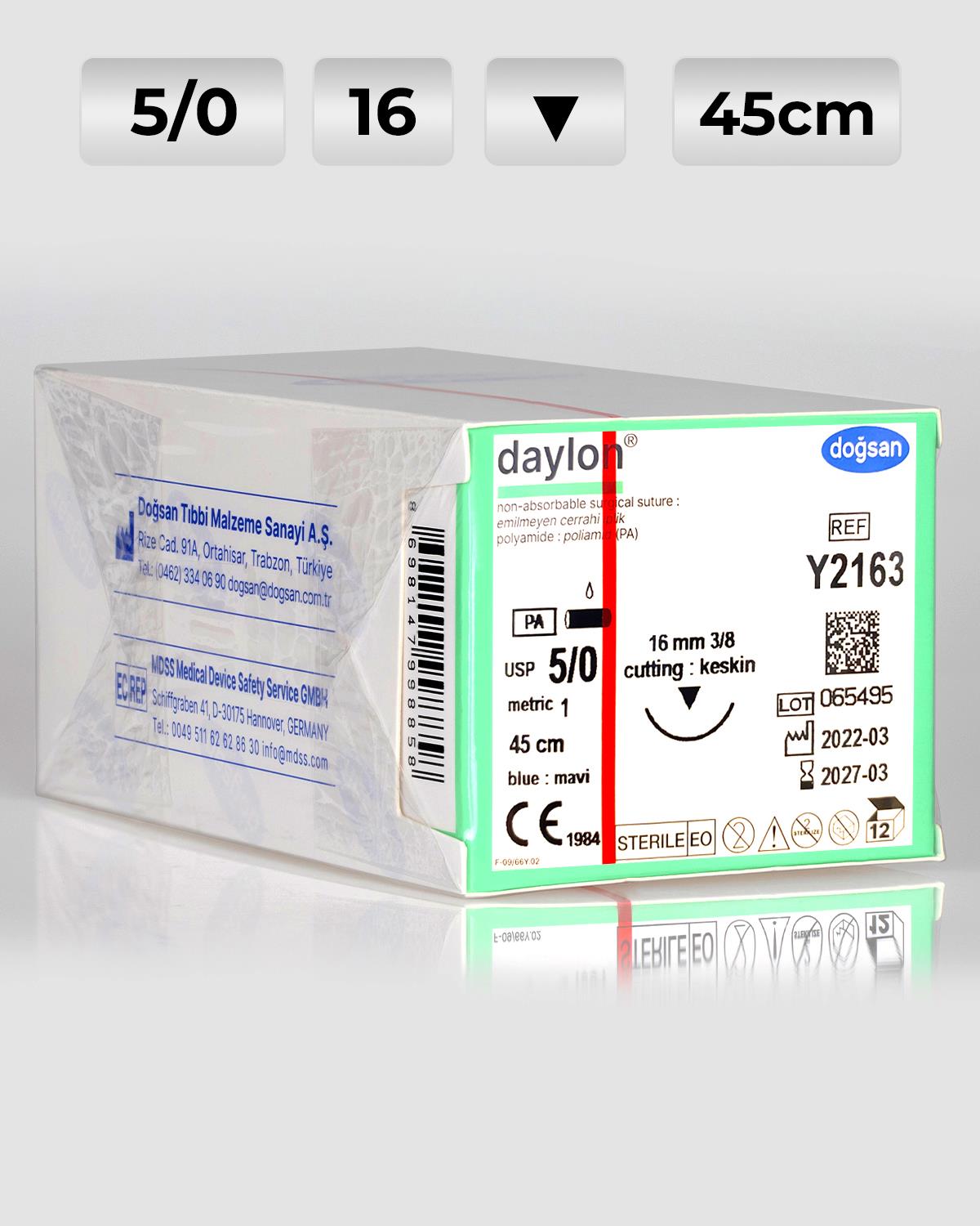 Y2163 DOĞSAN Daylon 5/0 16 3/8 Keskin (▼) 45cm Polyamid Emilemeyen Sütür 12 Ad./Pkt