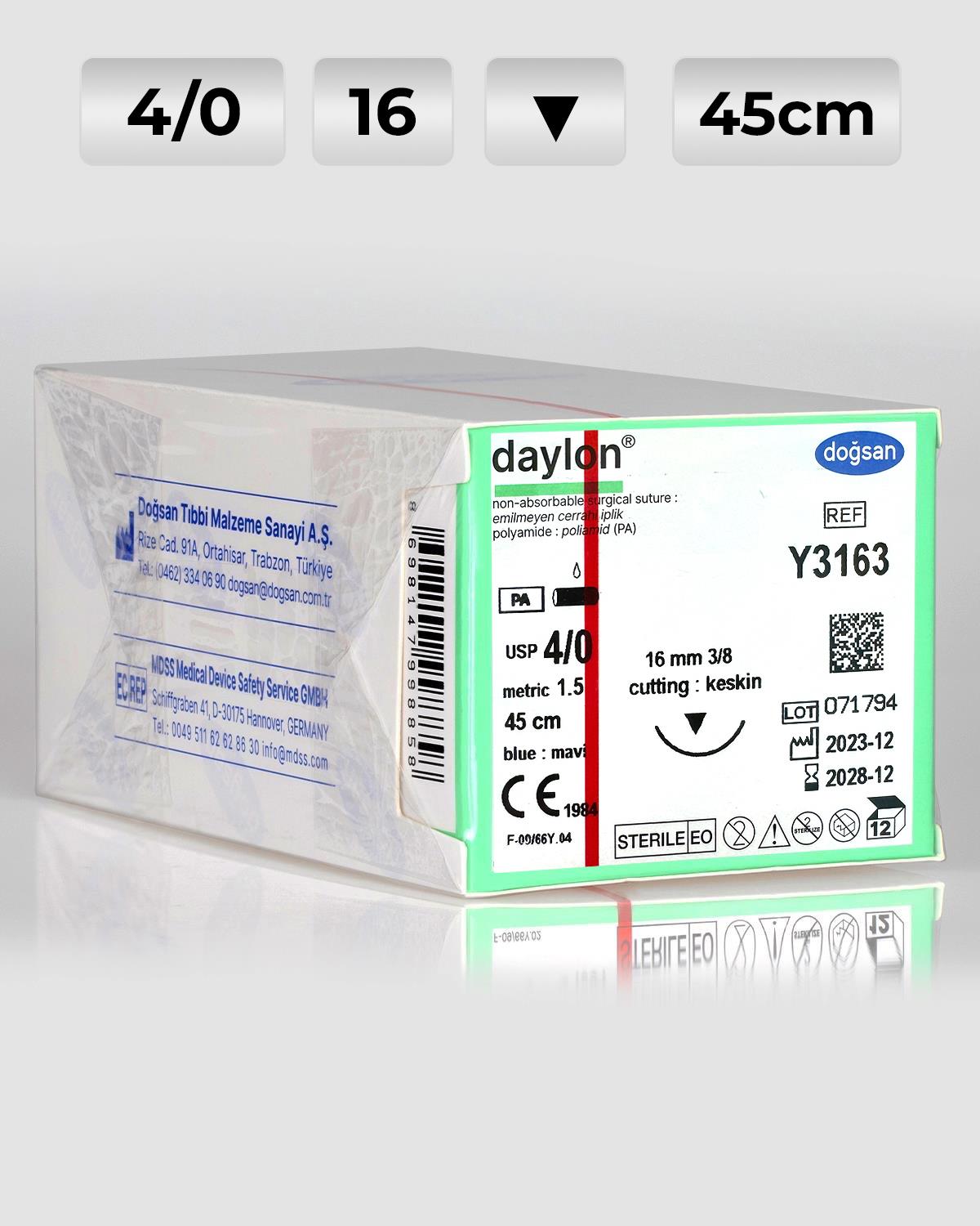 Y3163 DOĞSAN Daylon 4/0 16 3/8 Keskin (▼) 45cm Polyamid Emilemeyen Sütür 12 Ad./Pkt