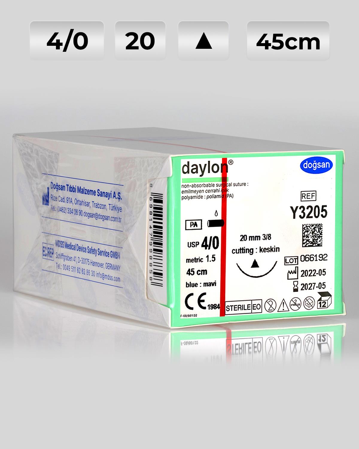 Y3205 DOĞSAN Daylon 4/0 20 3/8 Keskin (Δ) 45cm Polyamid Emilemeyen Sütür 12 Ad./Pkt